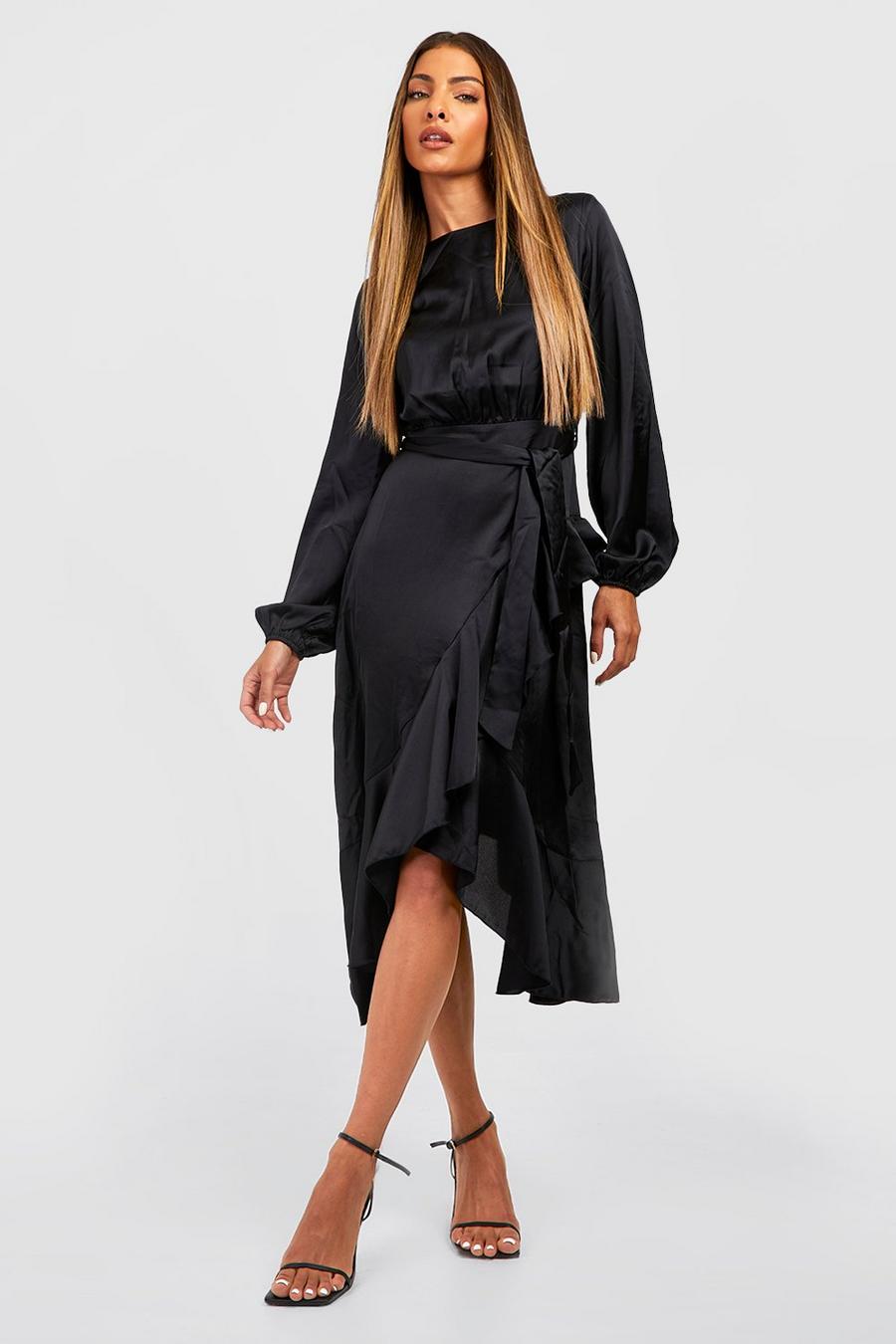 Black Long Sleeve Satin Frill Wrap Midi Dress image number 1