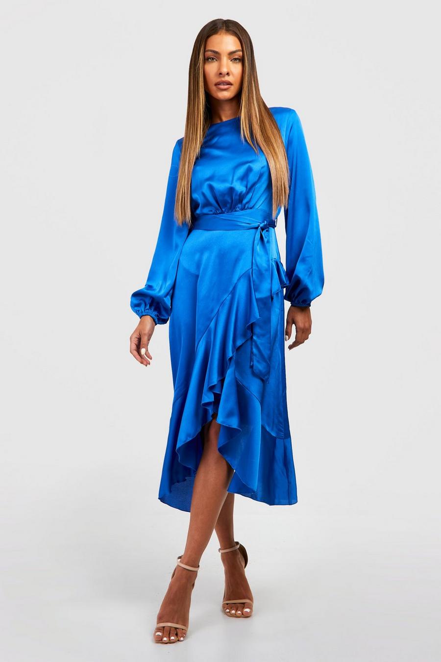 Bright blue Long Sleeve Satin Frill Wrap Midi Dress