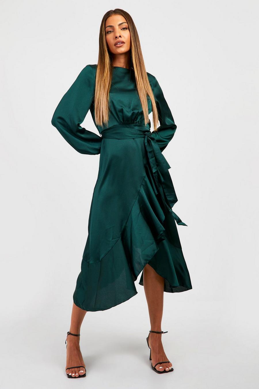 Emerald green Long Sleeve Satin Frill Wrap Midi Dress