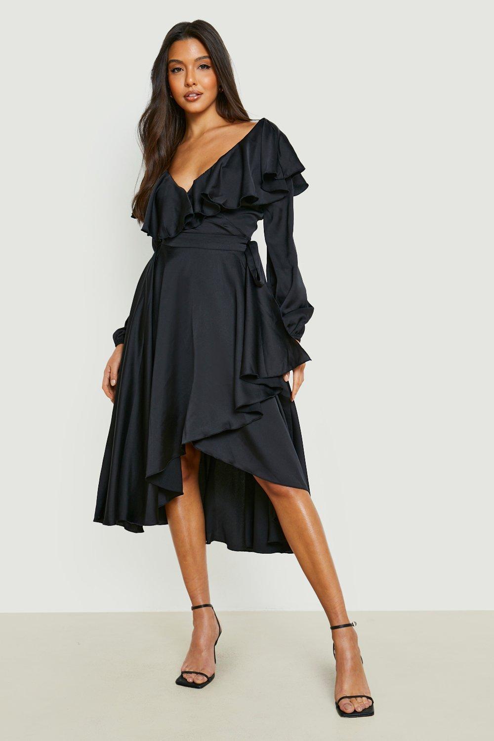 Women's Satin Ruffle Wrap Detail Skater Dress