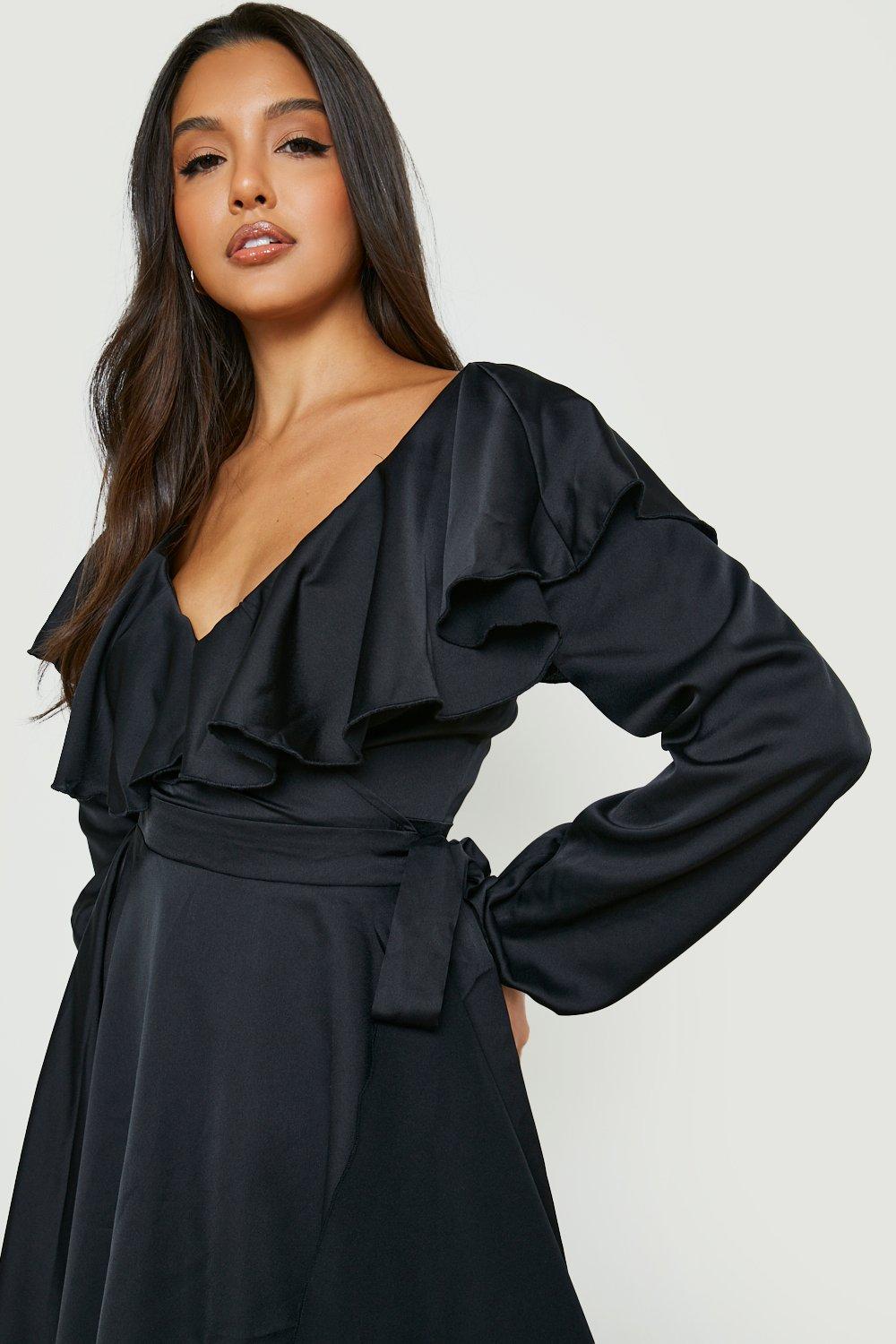 Women's Satin Ruffle Wrap Detail Skater Dress