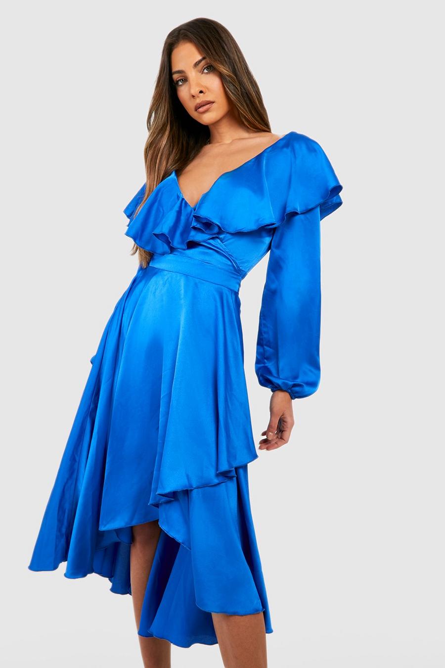 Bright blue bleu Long Sleeve Satin Ruffle Wrap Skater Dress