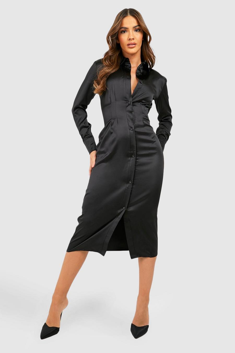 Black Satin Midi Shirt Dress image number 1
