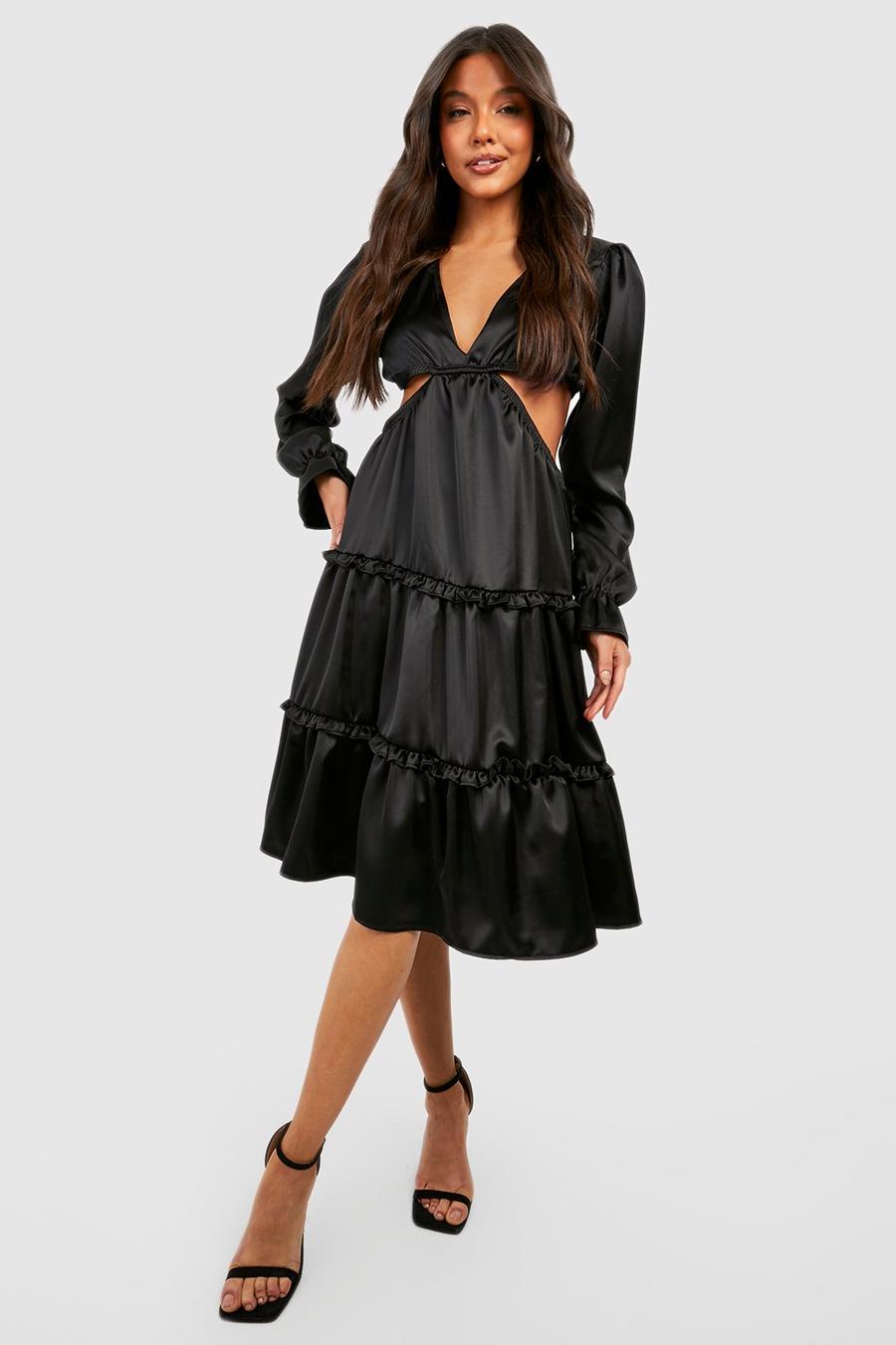 Black Satin Plunge Frill Detail Midi Dress