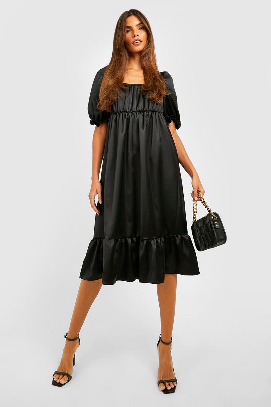 Black Satin Puff Sleeve Frill Hem Midi Dress image number 1