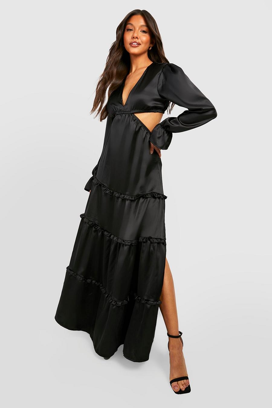 Black Satin Plunge Ruffle Detail Maxi Dress image number 1