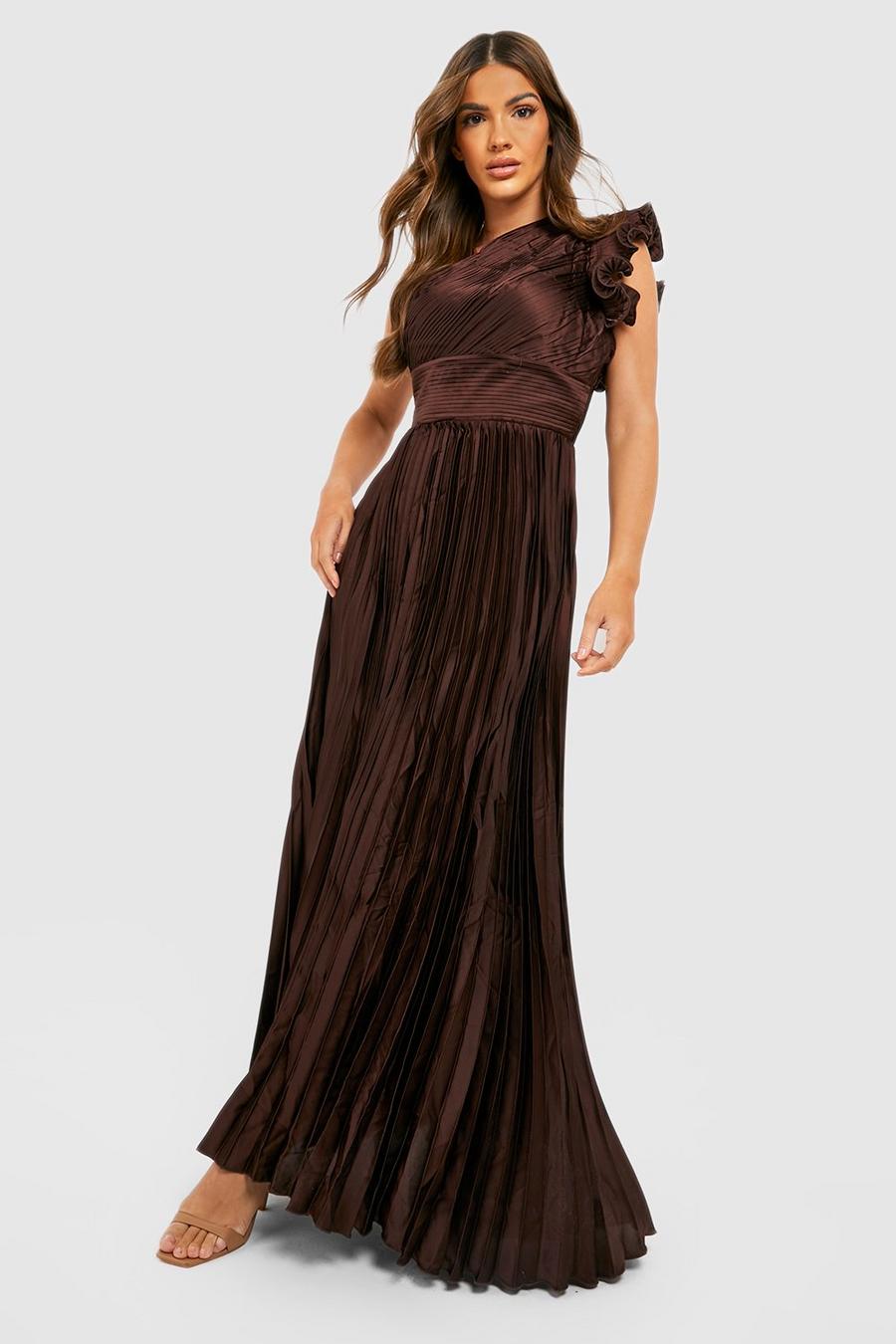 Chocolate brown Pleated Ruffle Shoulder Detail Maxi Dress