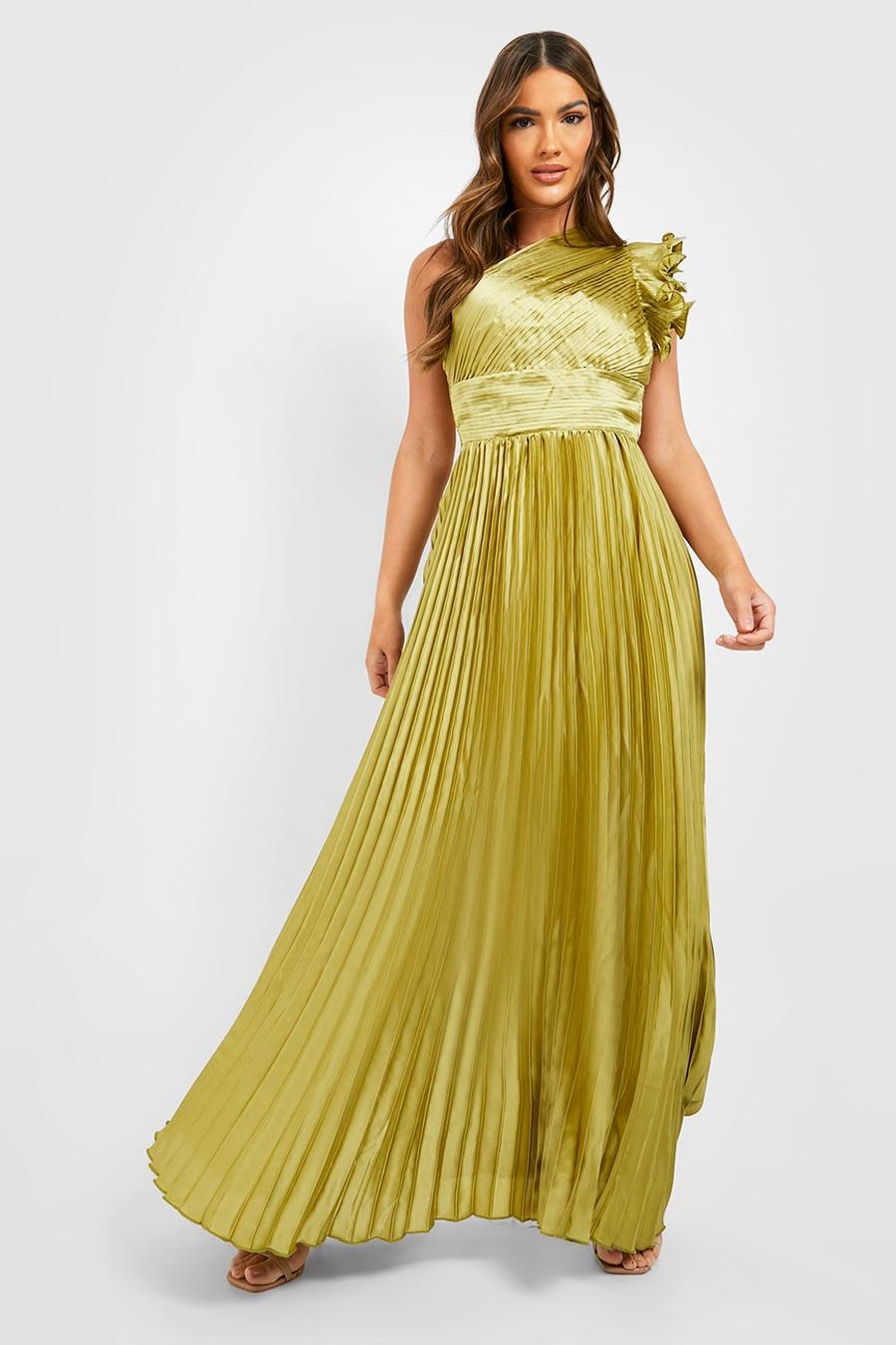 Olive Pleated Ruffle Shoulder Detail Maxi Dress image number 1