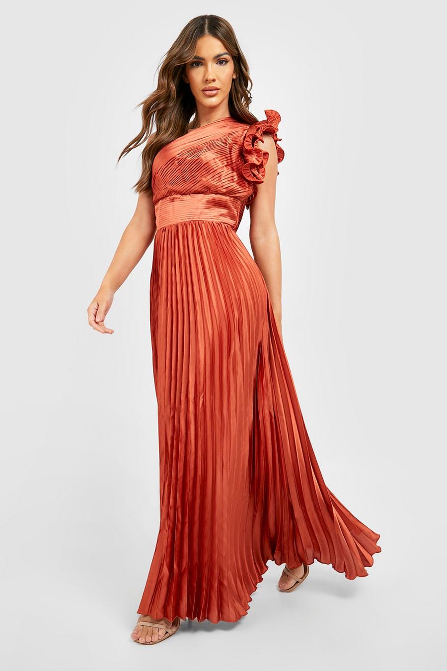 Rust Pleated Ruffle Shoulder Detail Maxi Dress image number 1