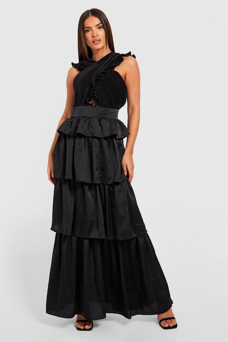 Black Pleated Ruffle Detail Maxi Dress image number 1