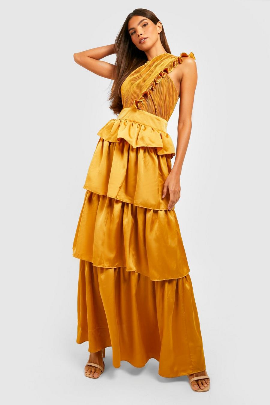 Mustard Pleated Ruffle Detail Maxi Dress image number 1