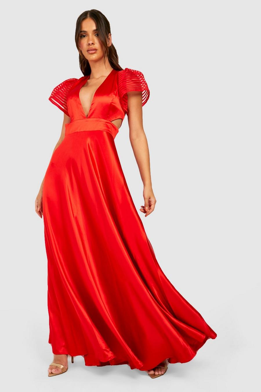 Red Satin Organza Occasion Maxi Dress