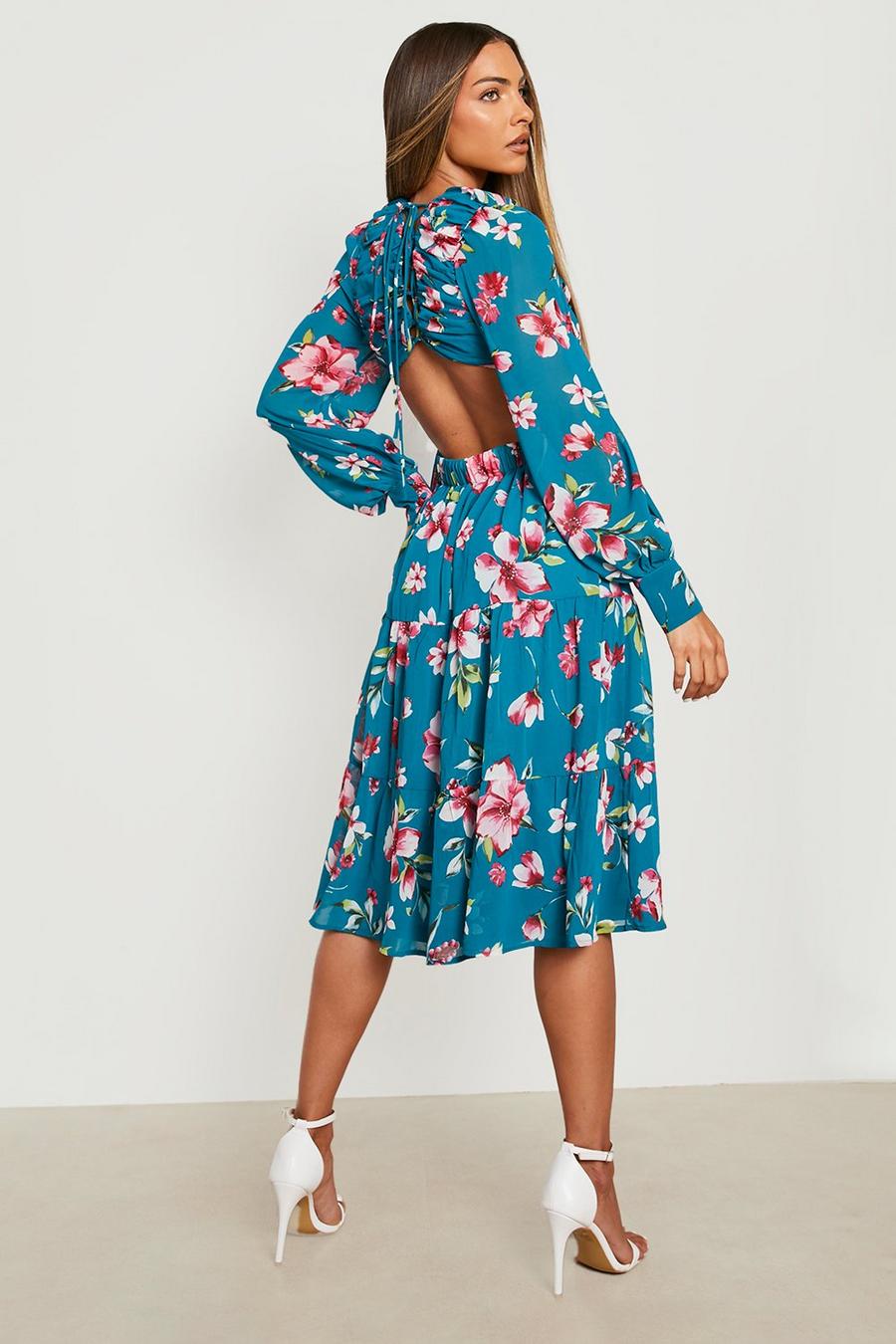 Teal Floral Ruffle Plunge Midi Dress  image number 1
