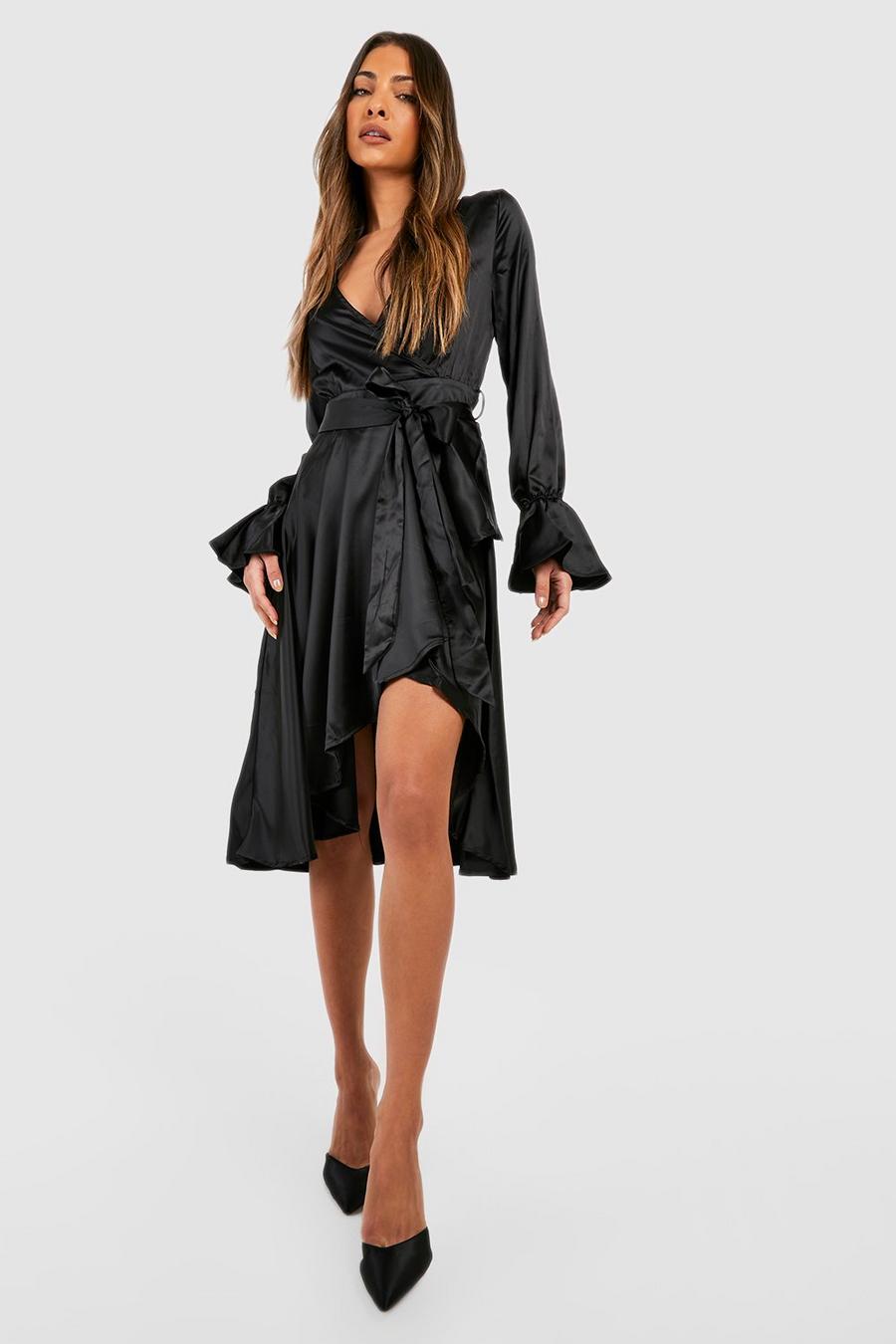 Black Satin Flare Cuff Wrap Midi Dress image number 1