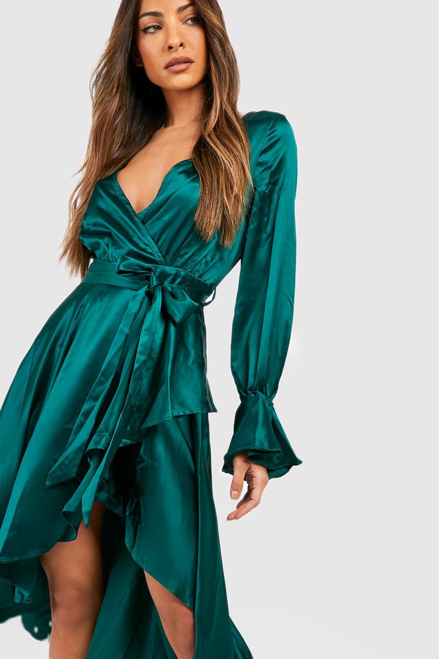 Emerald Satin Flare Cuff Wrap Midi Dress image number 1
