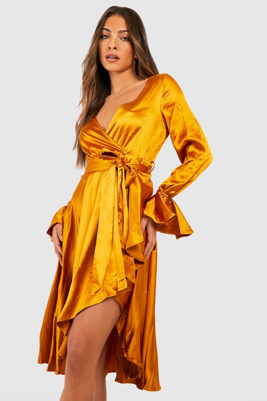 Mustard yellow Satin Flare Cuff Wrap Midi Dress  image number 1