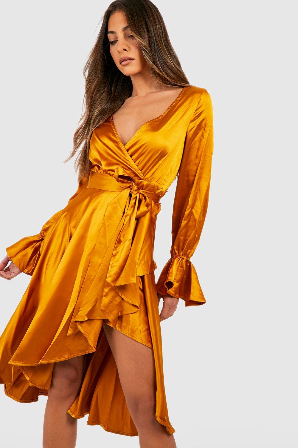 Mustard satin 2024 midi dress