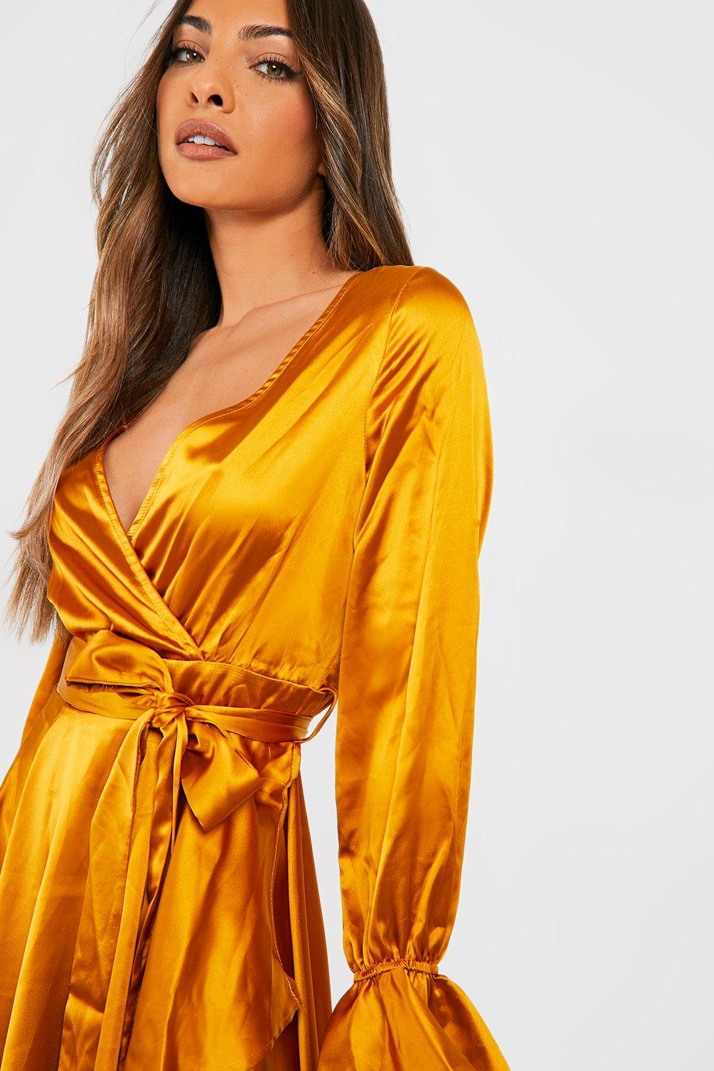 Mustard satin shop wrap dress