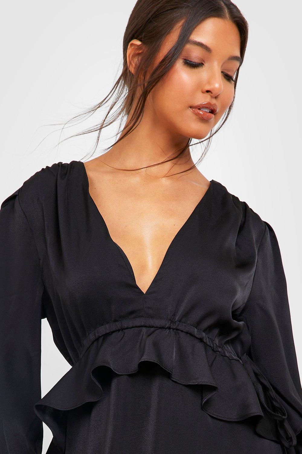 Black V Plunge Frill Midi Dress