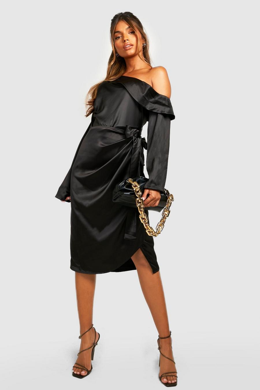 Black Satin Slash Neck Midi Dress image number 1