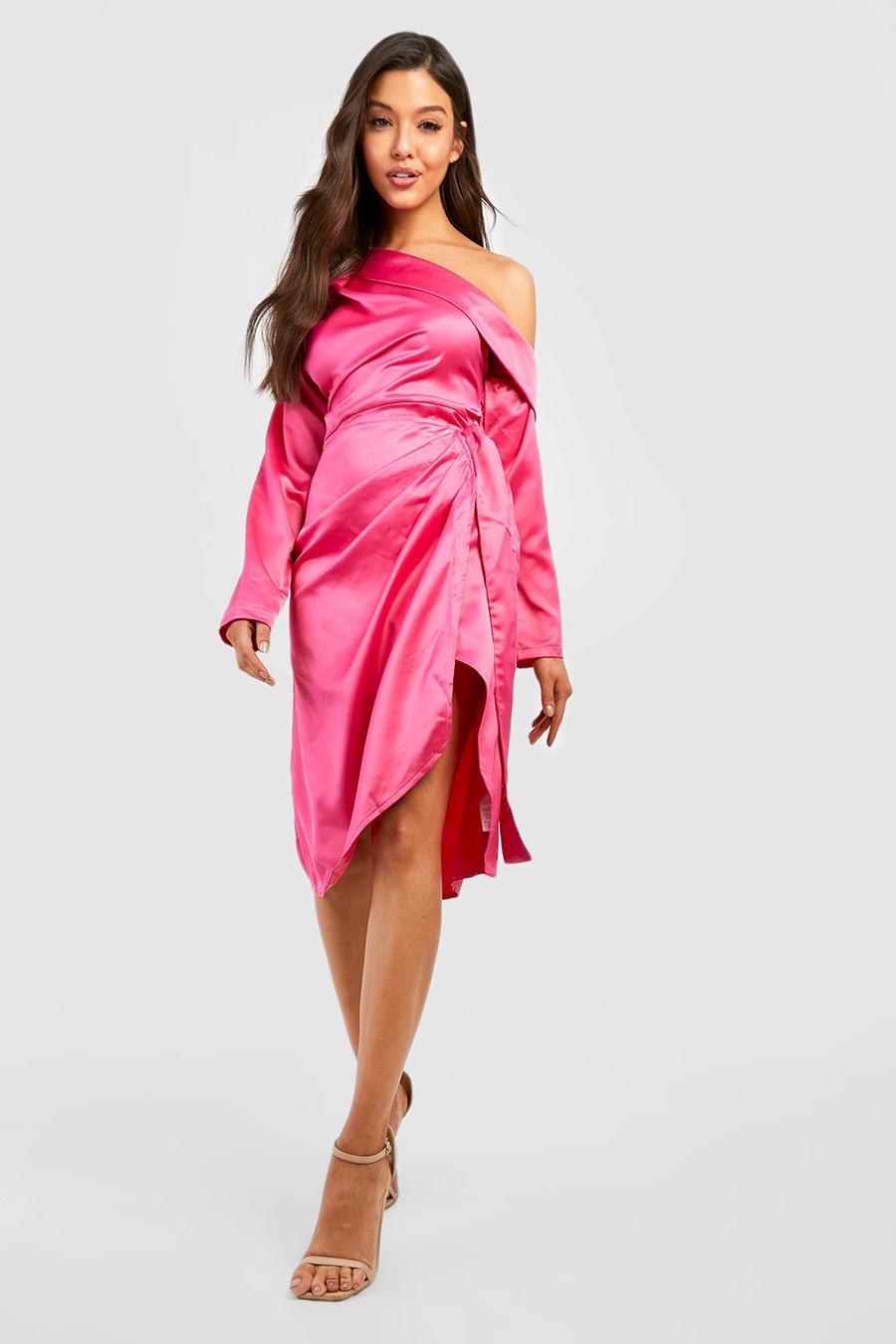 Hot pink Satin Slash Neck Midi Dress