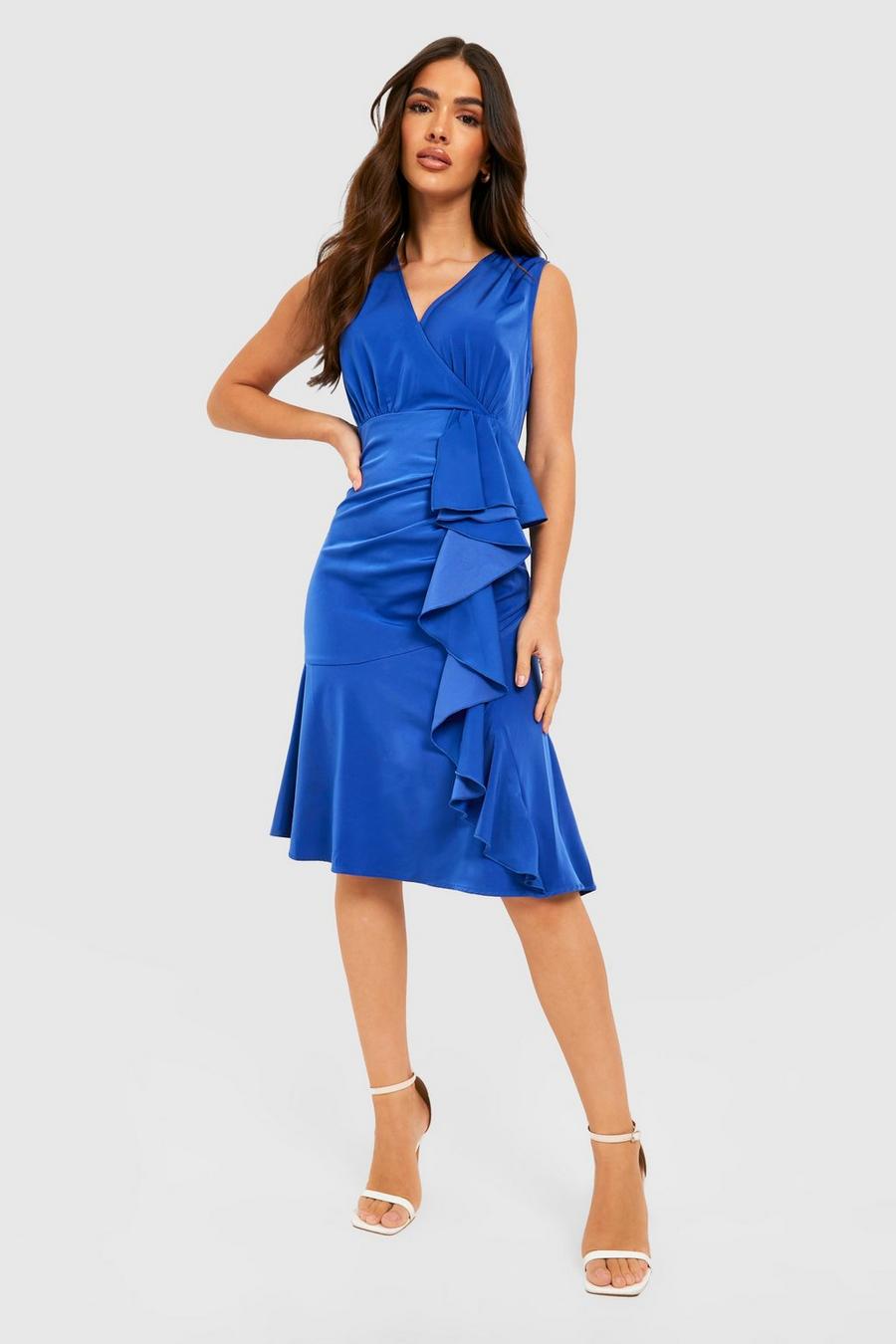 Bright blue Satin Wrap Ruffle Midi Dress image number 1