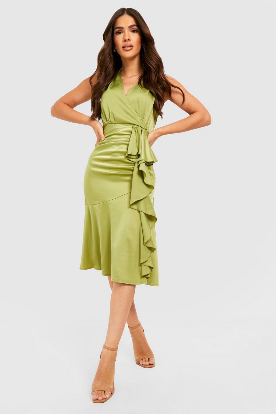 Lime green Satin Wrap Ruffle Midi Dress