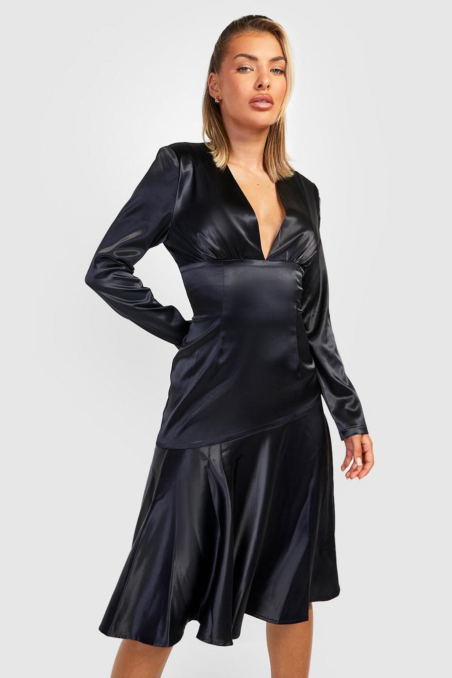 Black Satin Ruffle Hem Midi Dress image number 1