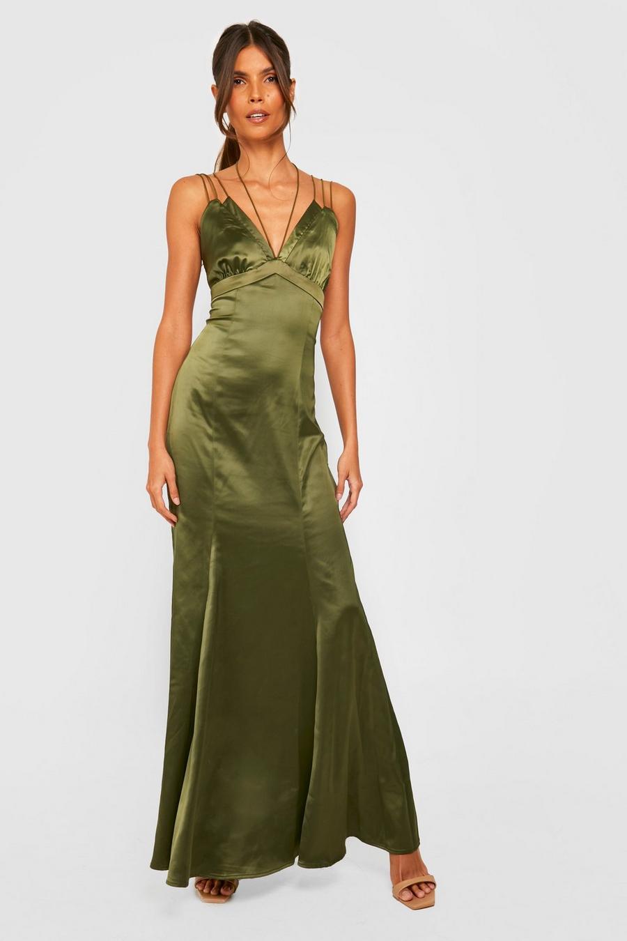 Olive verde Satin Strappy Occasion Maxi Dress