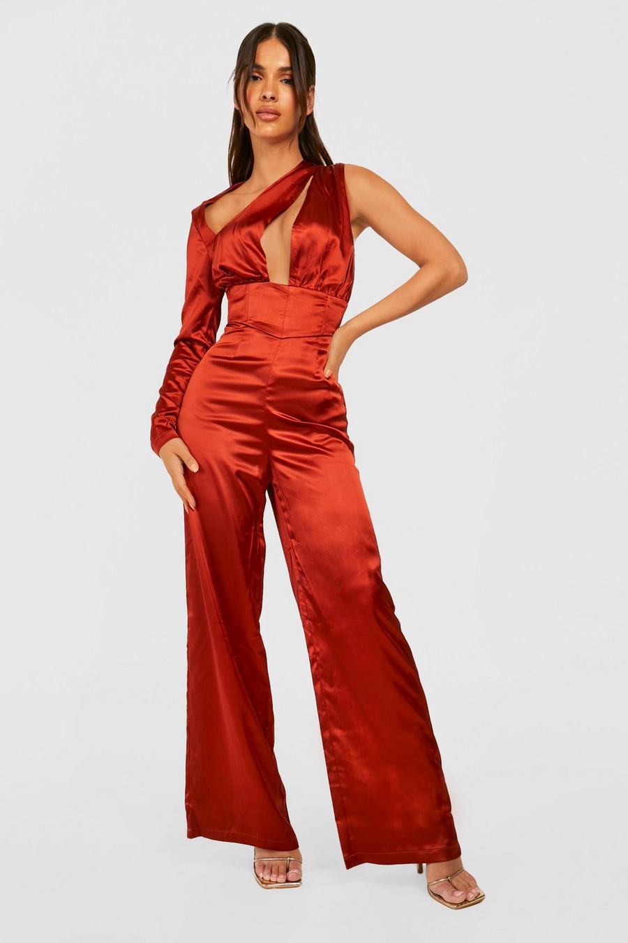 Chocolate Satin Cut Out One Shoulder Jumpsuit image number 1