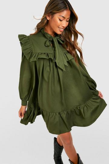 Ruffle Detail Pussybow Smock Dress khaki