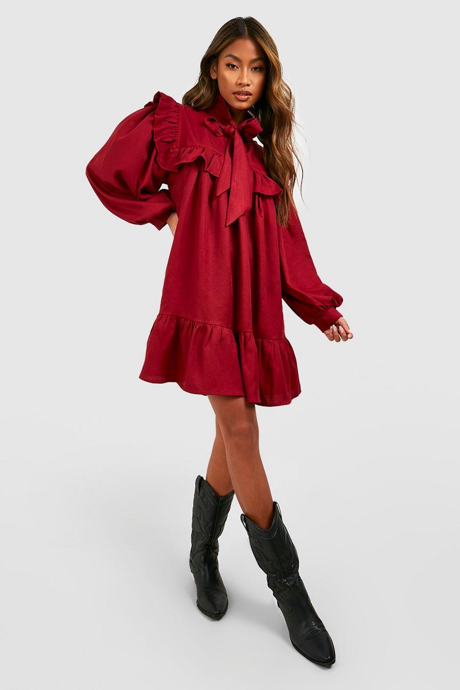 Wine red Ruffle Detail Pussybow Smock Dress