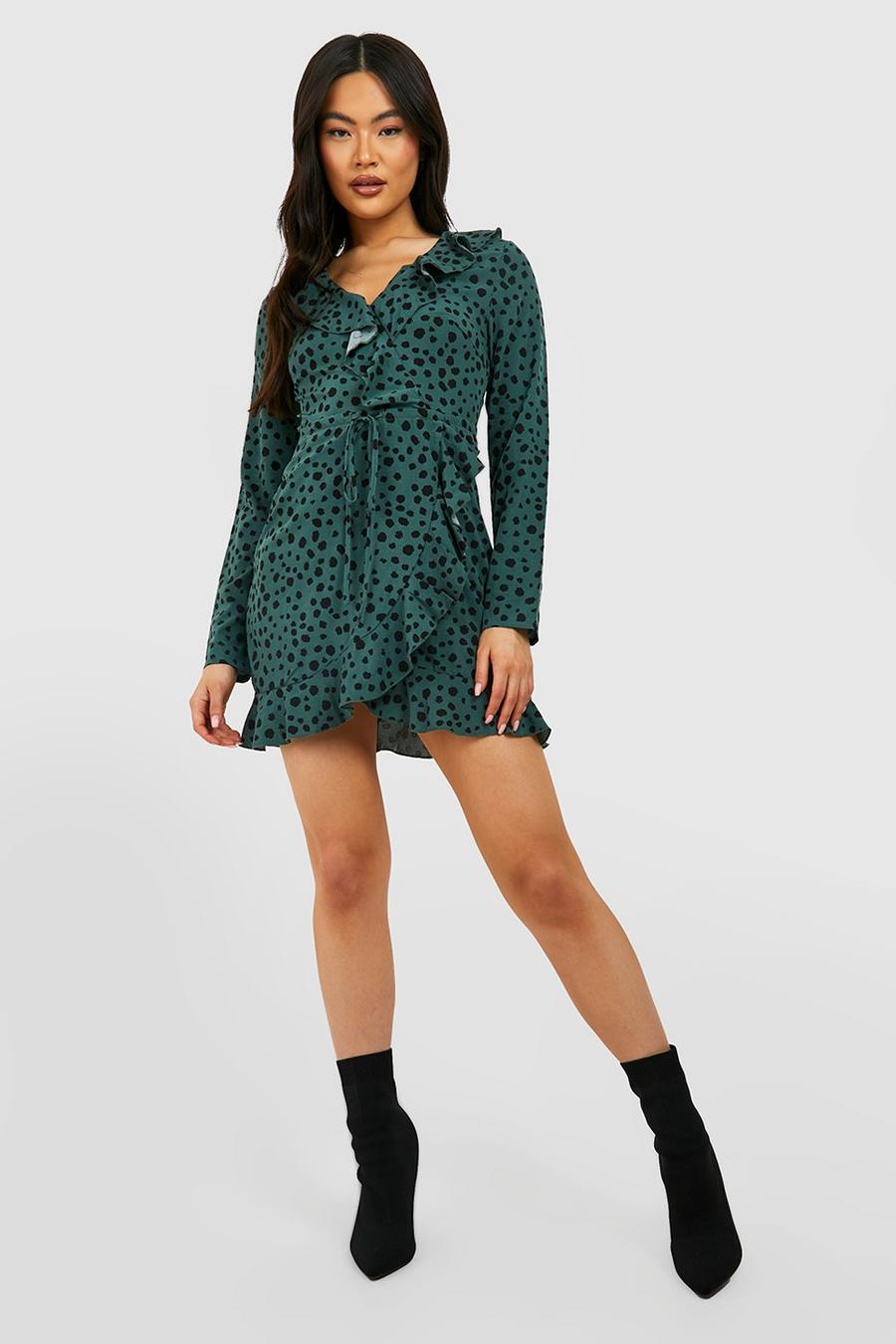 Teal Woven Animal Ruffle Wrap Dress image number 1