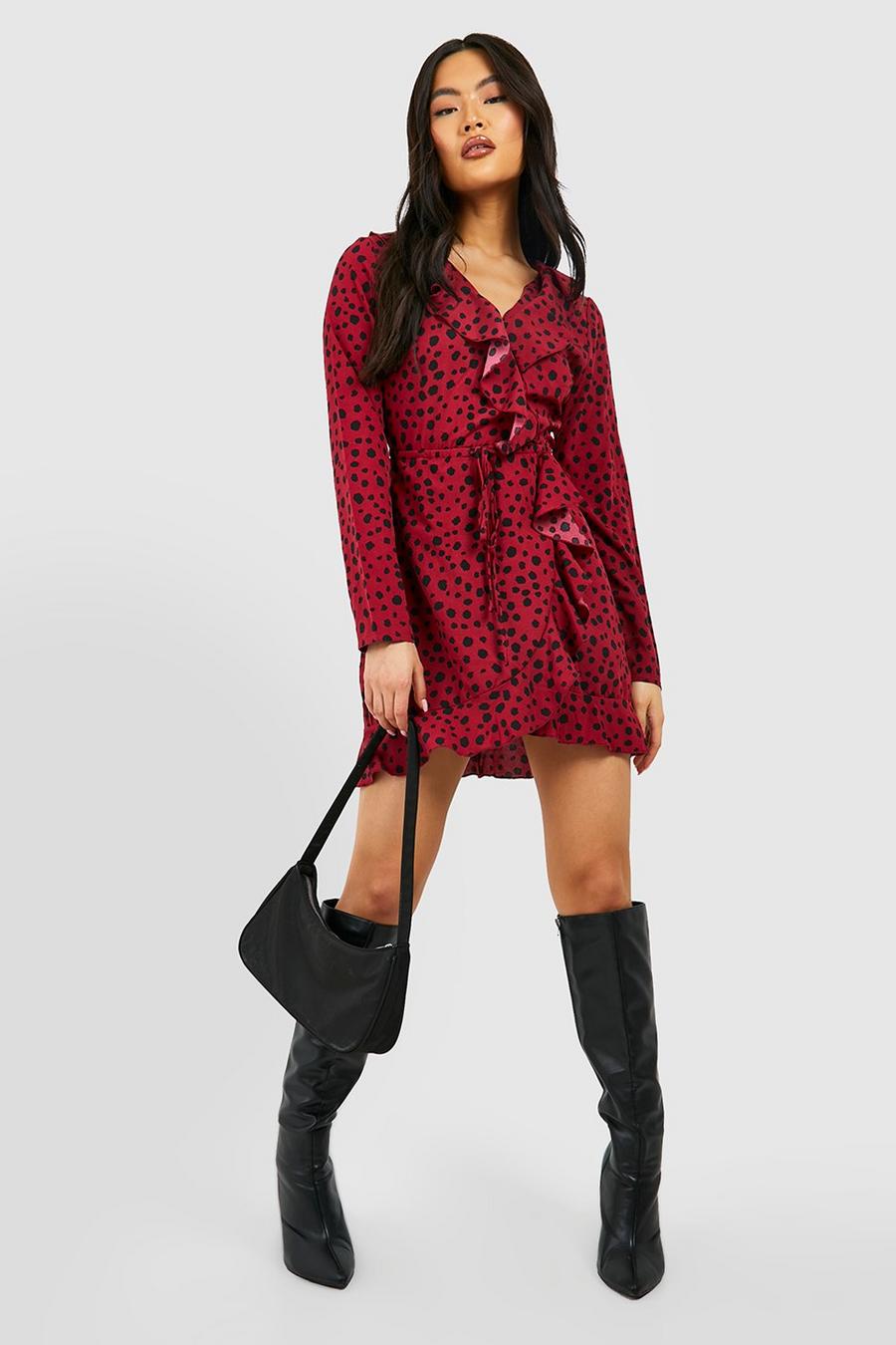 Wine rosso Woven Animal Ruffle Wrap Dress image number 1