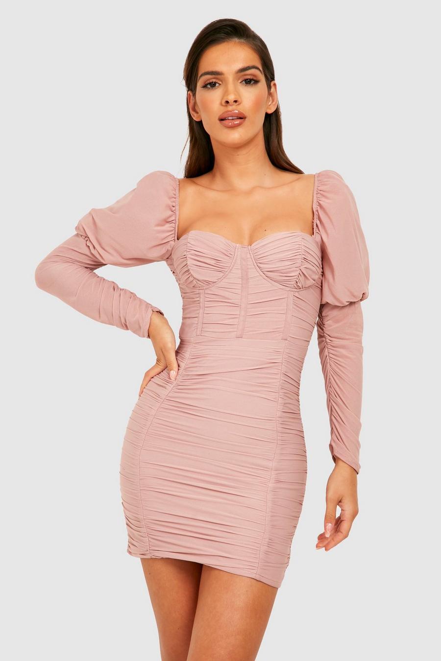 Rose pink Mesh Corset Ruched Bodycon Dress