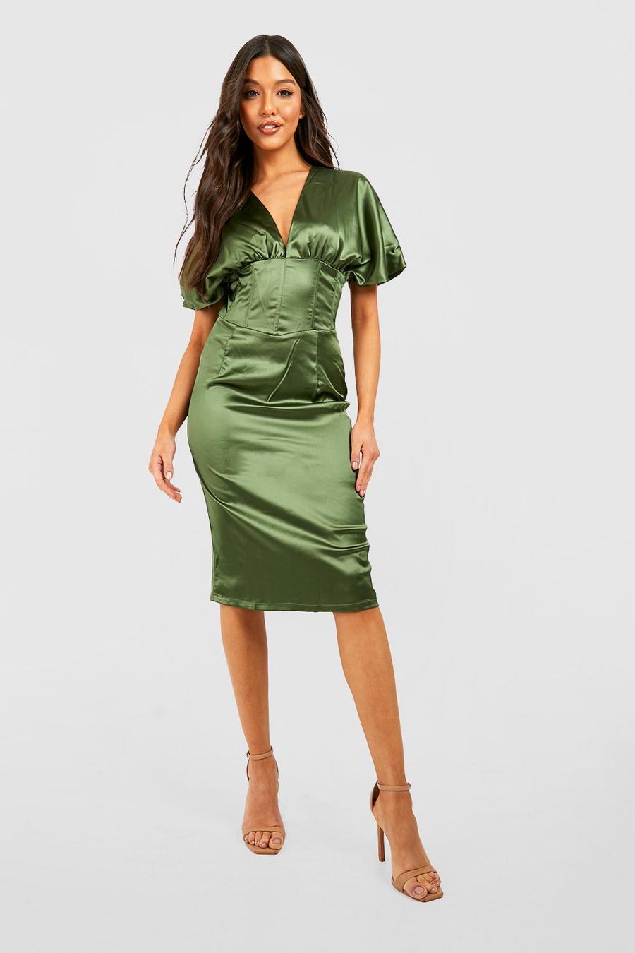 Olive vert Satin Corset Midi Dress image number 1