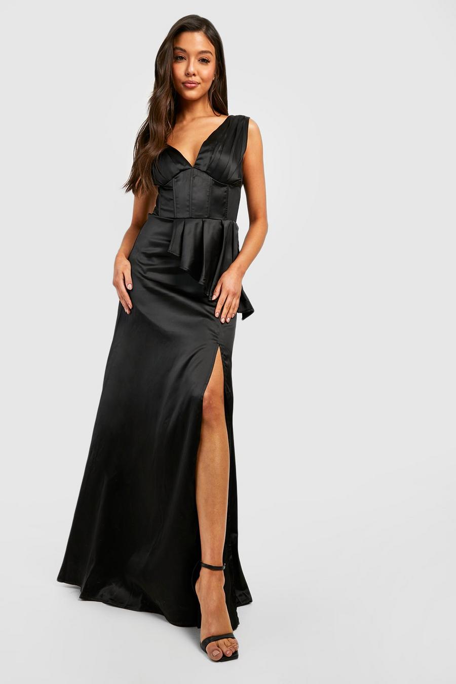 Vestito maxi in raso con vita stile corsetto e arricciature, Black
