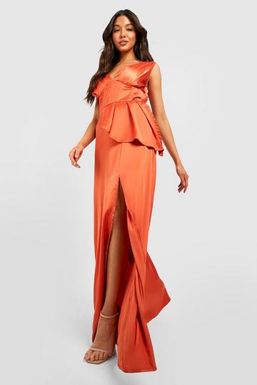 Rust Orange Satin Corset Waist Maxi Dress With Ruffle