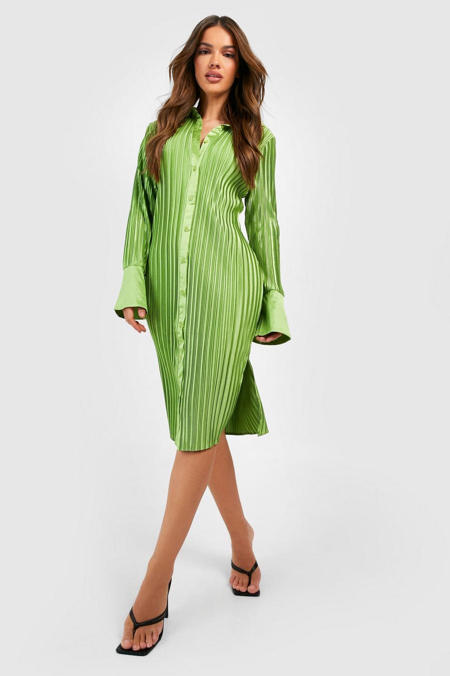 Lime Premium Plisse Midi Shirt Dress image number 1