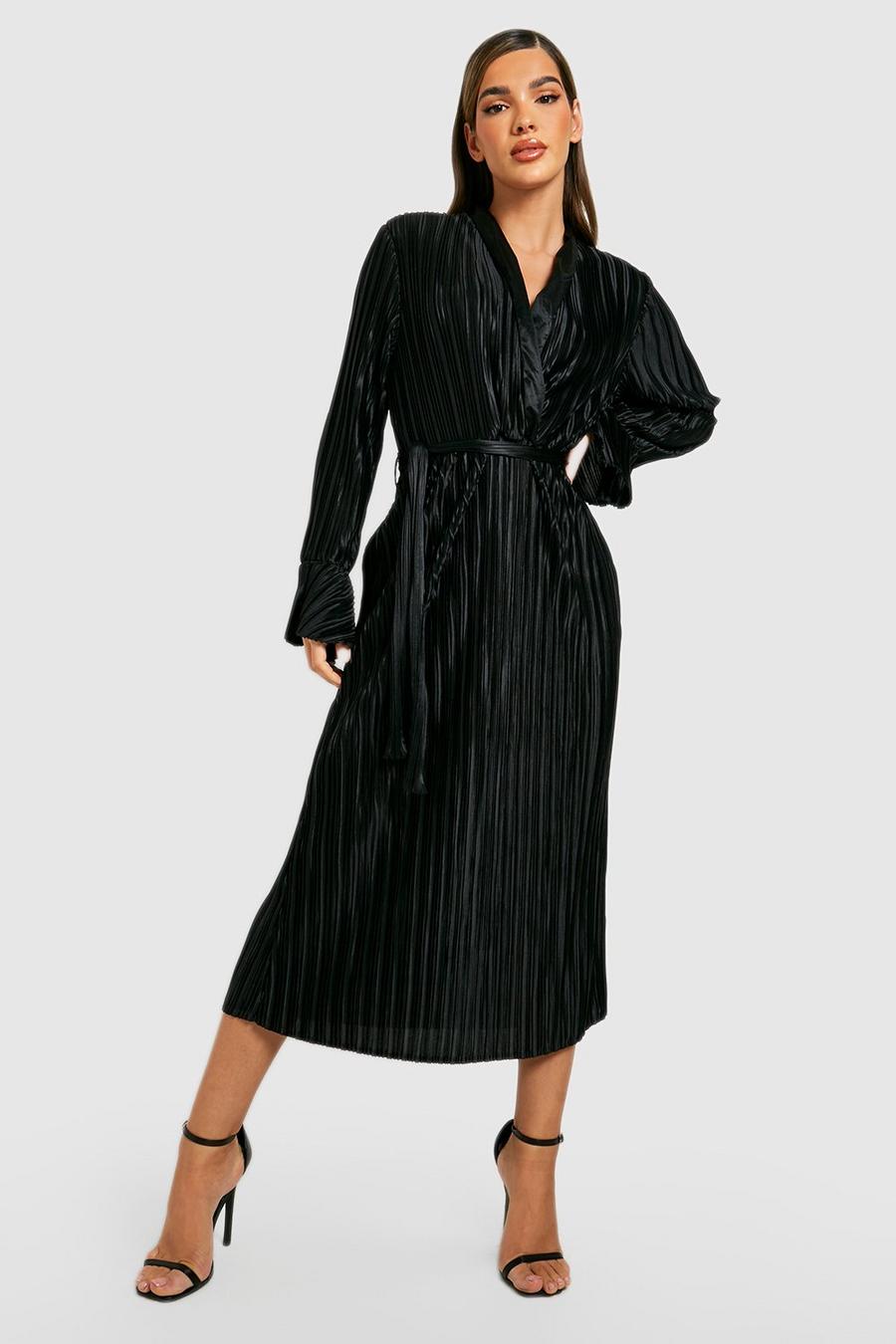 Black Premium Plisse Wrap Midi Dress image number 1