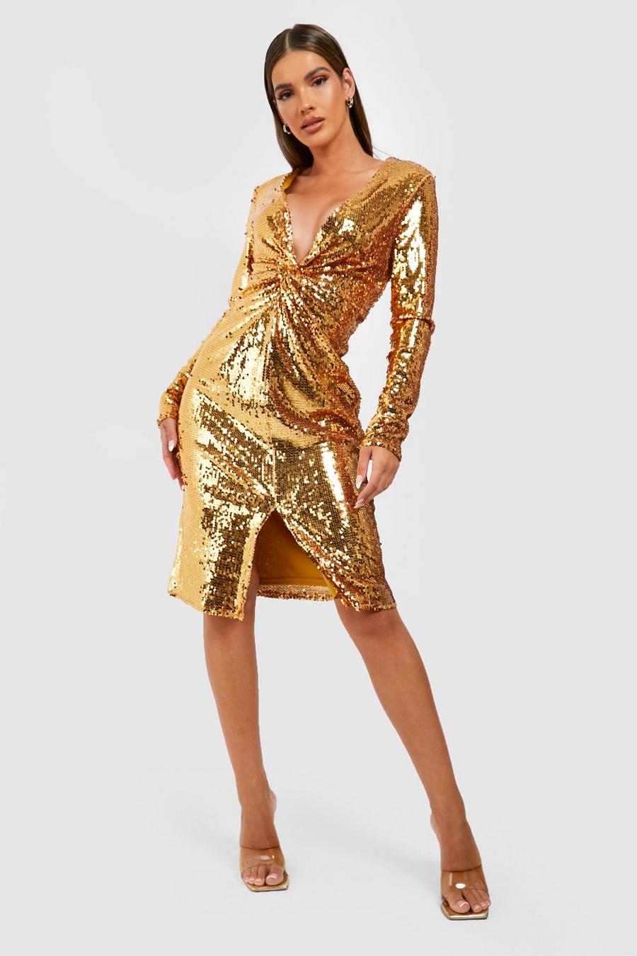 Gold Sequin Twist Front Midi Party Dress image number 1