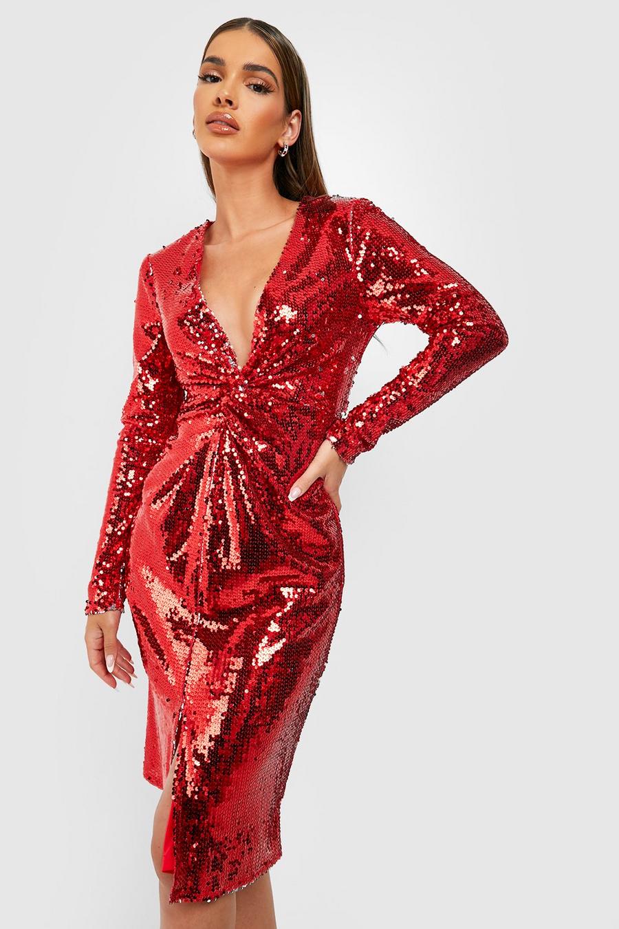 Red Sequin Twist Front Midi Party Dress  image number 1