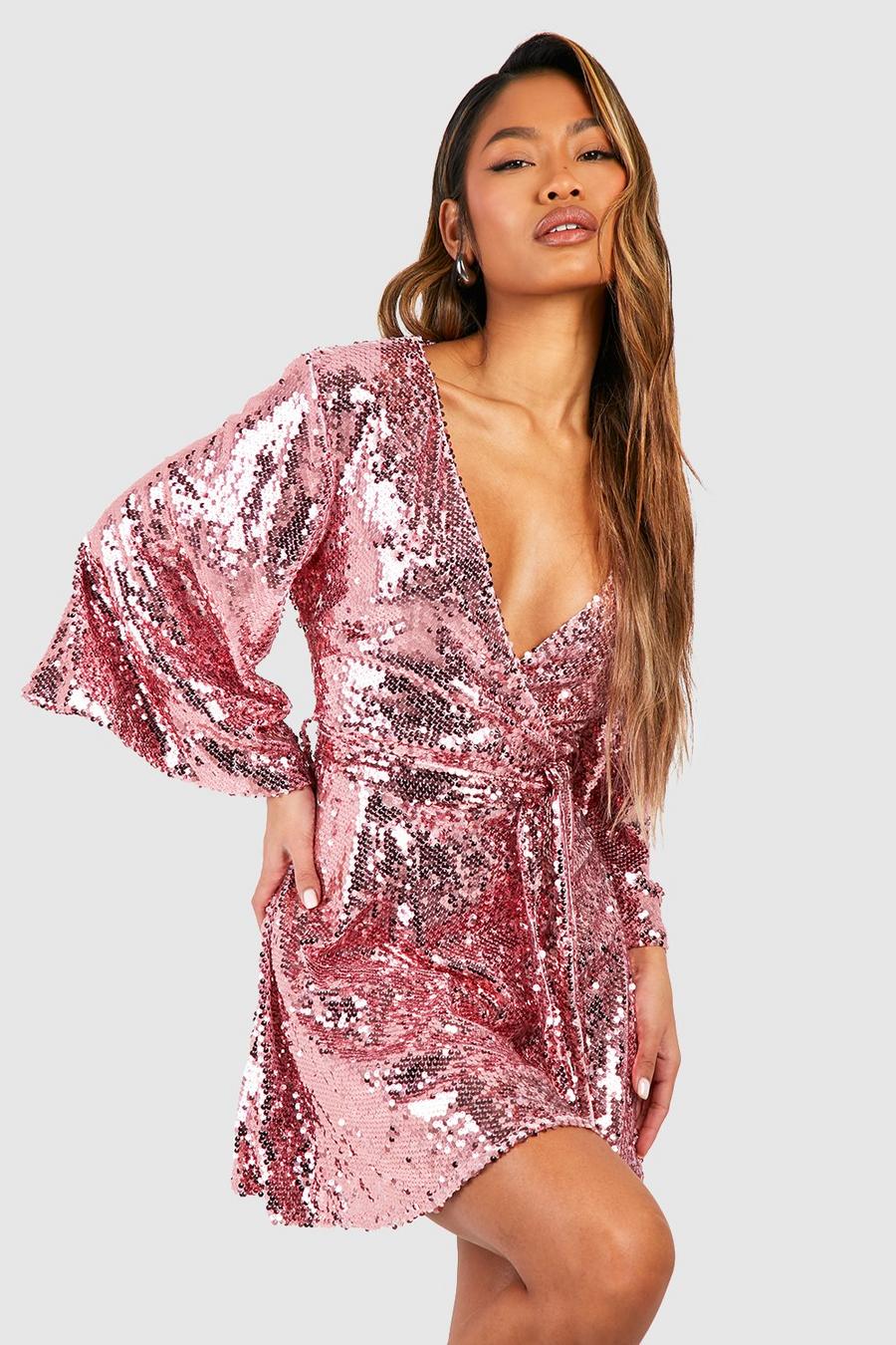 Blush Sequin Wide Sleeve Wrap Party Dress