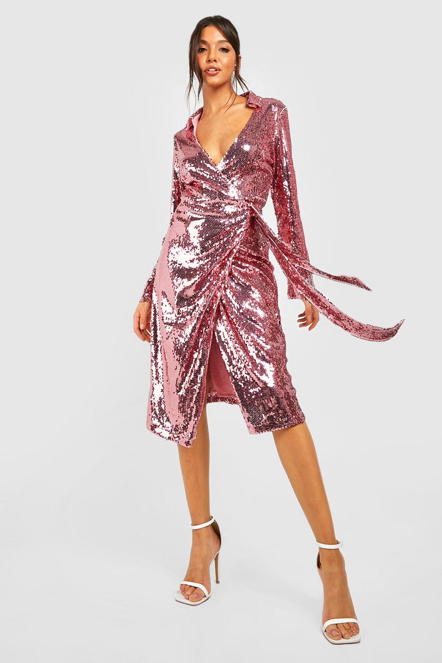 Blush Sequin Midi Shirt Wrap Party Dress image number 1