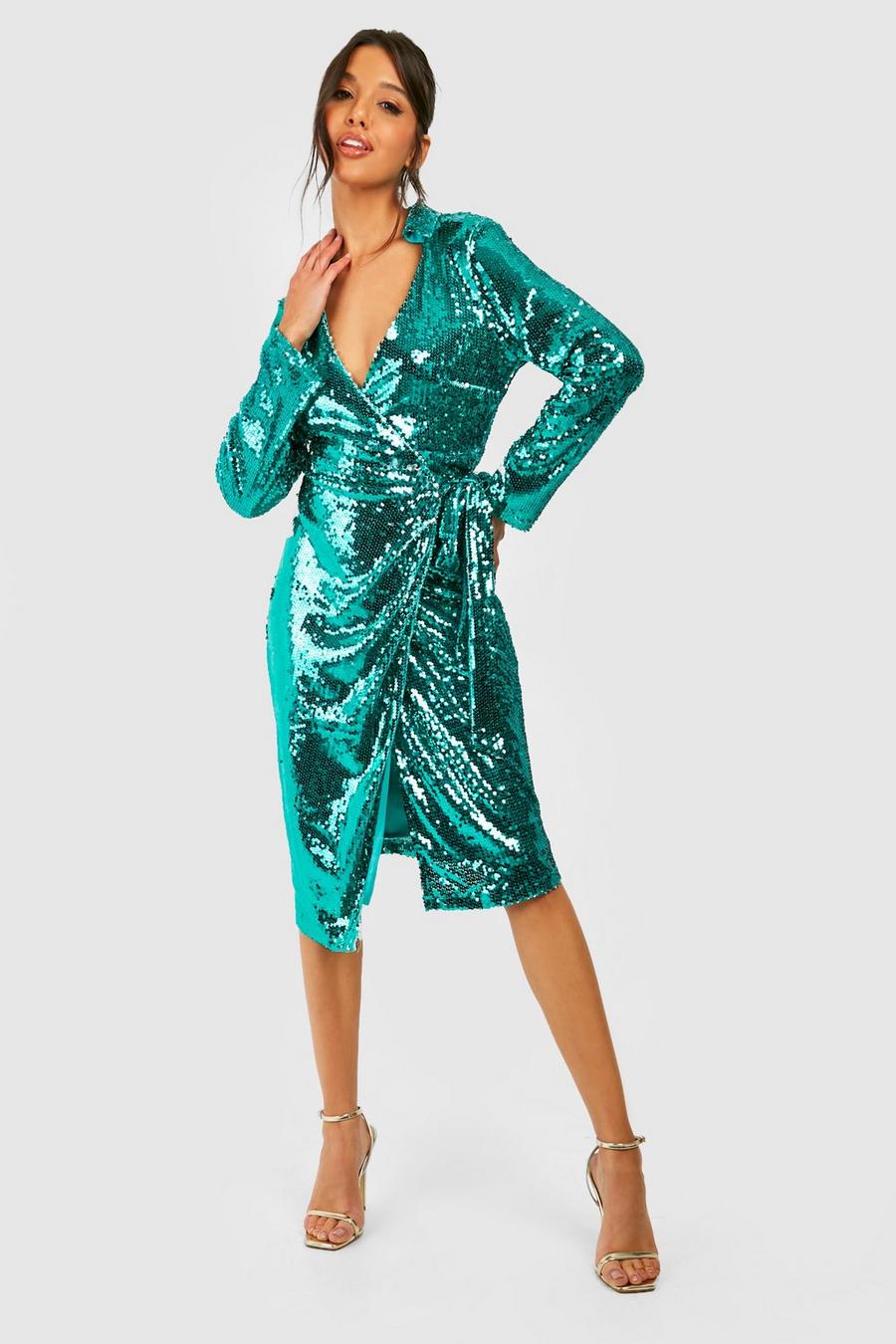 Green Sequin Midi Shirt Wrap Party Dress