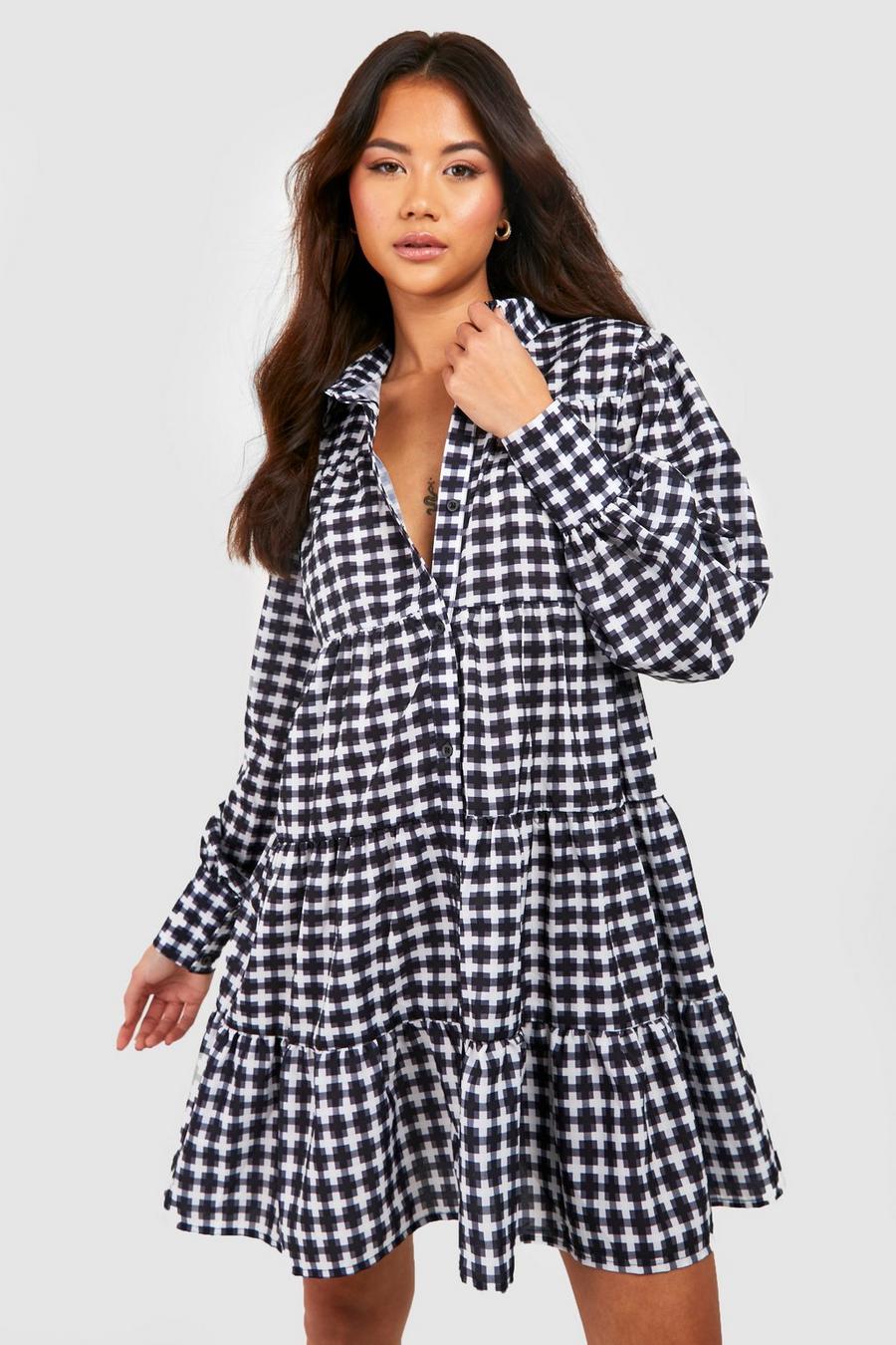 Black Check Tiered Shirt Dress image number 1