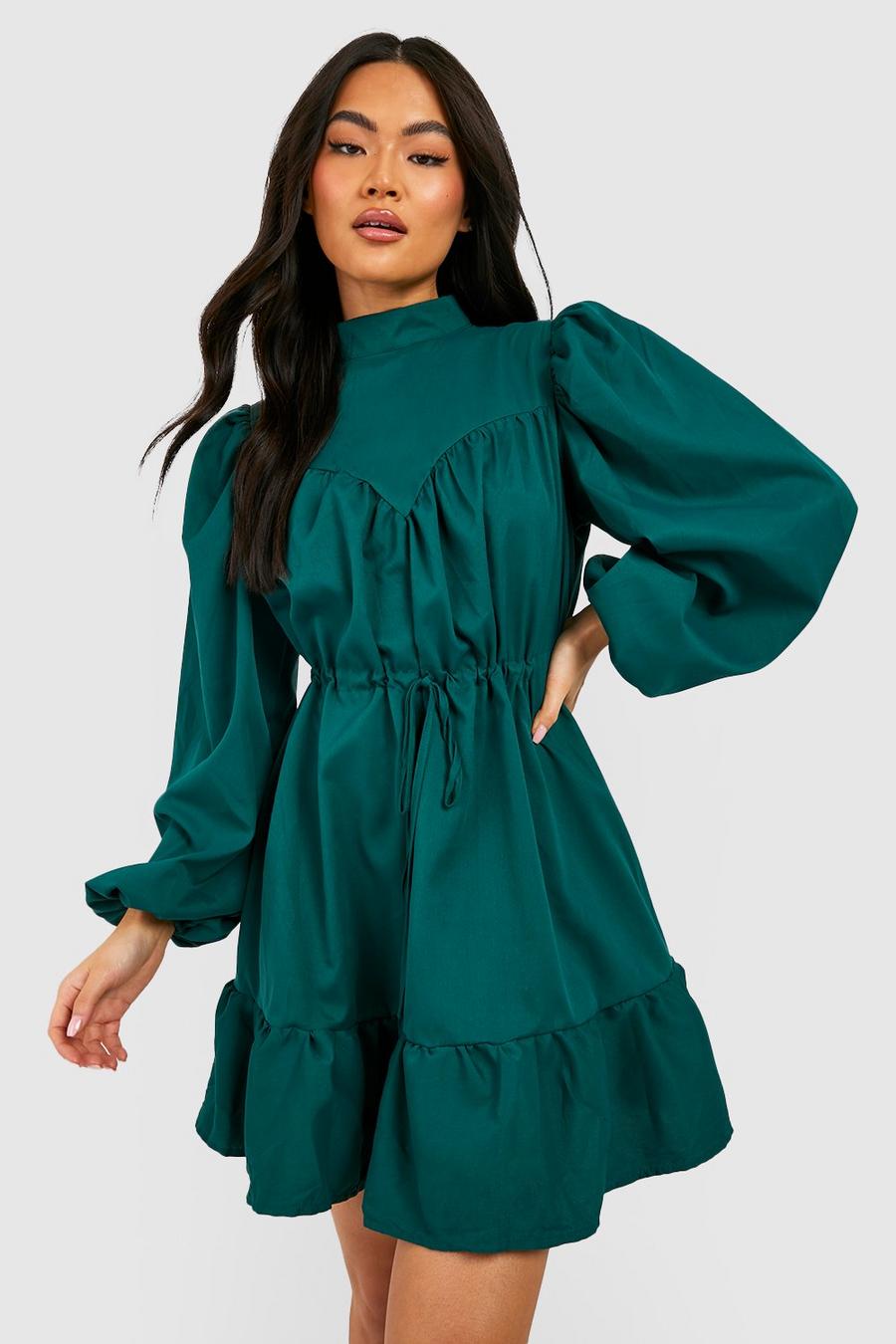 Emerald vert High Neck Tiered Smock Dress