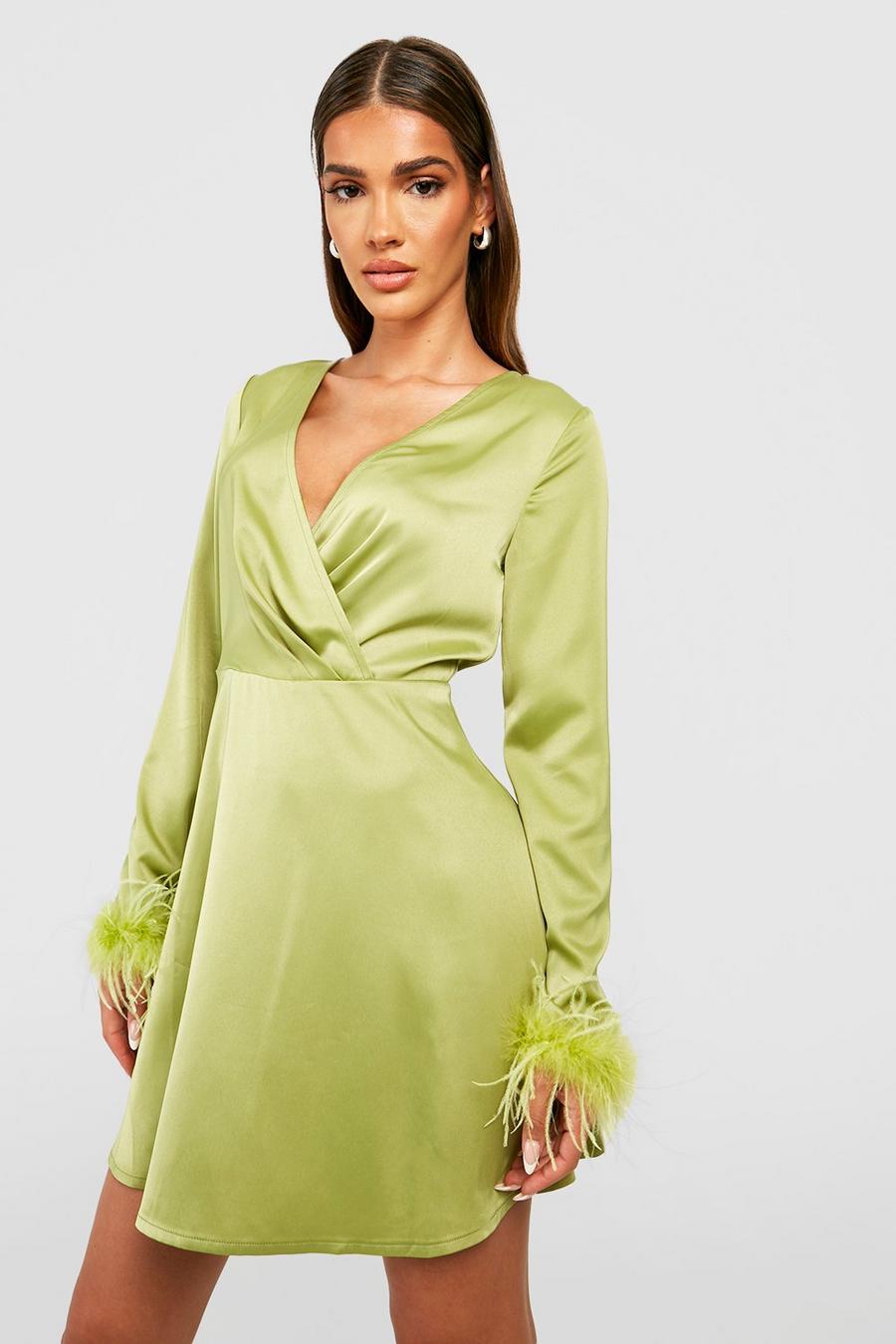 Olive green Feather Cuff Satin Skater Dress