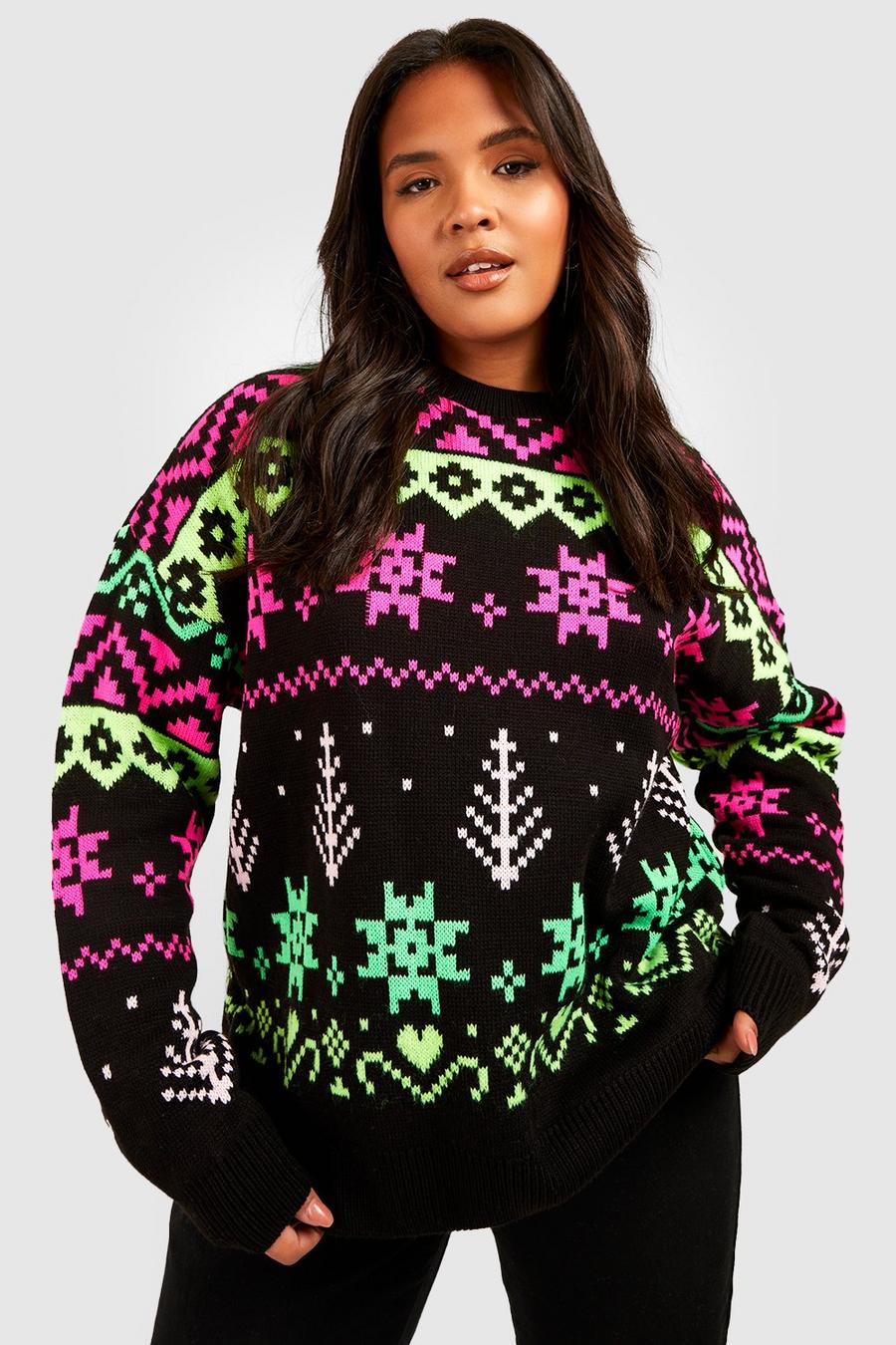 Maglione natalizio Plus Size in colori fluo con motivi Fairisle, Black image number 1