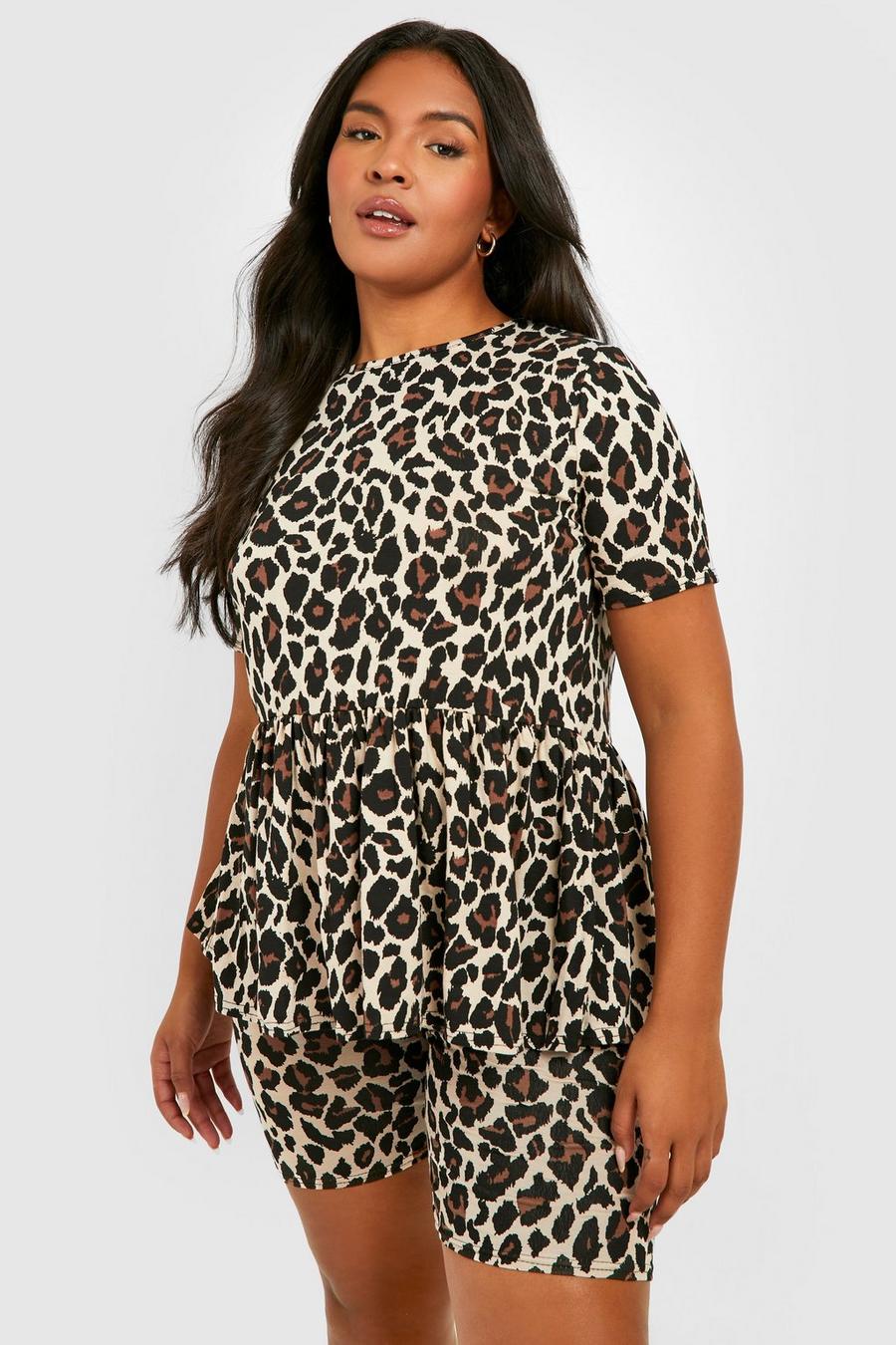 Black Plus Leopard Print Smock Top And Cycling Shorts Co-Ord